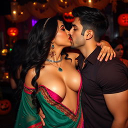 A sensual woman named Nushrat Bharucha, adorned in a sexy Jasmine-inspired outfit featuring vibrant colors and intricate details, with bold red lipstick accentuating her lips