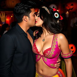 A sensual woman named Nushrat Bharucha, adorned in a sexy Jasmine-inspired outfit featuring vibrant colors and intricate details, with bold red lipstick accentuating her lips