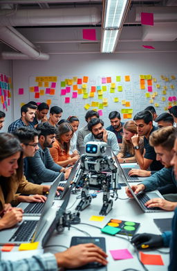 A lively and vibrant hackathon scene featuring a diverse group of tech enthusiasts and AI developers collaborating and coding intensely