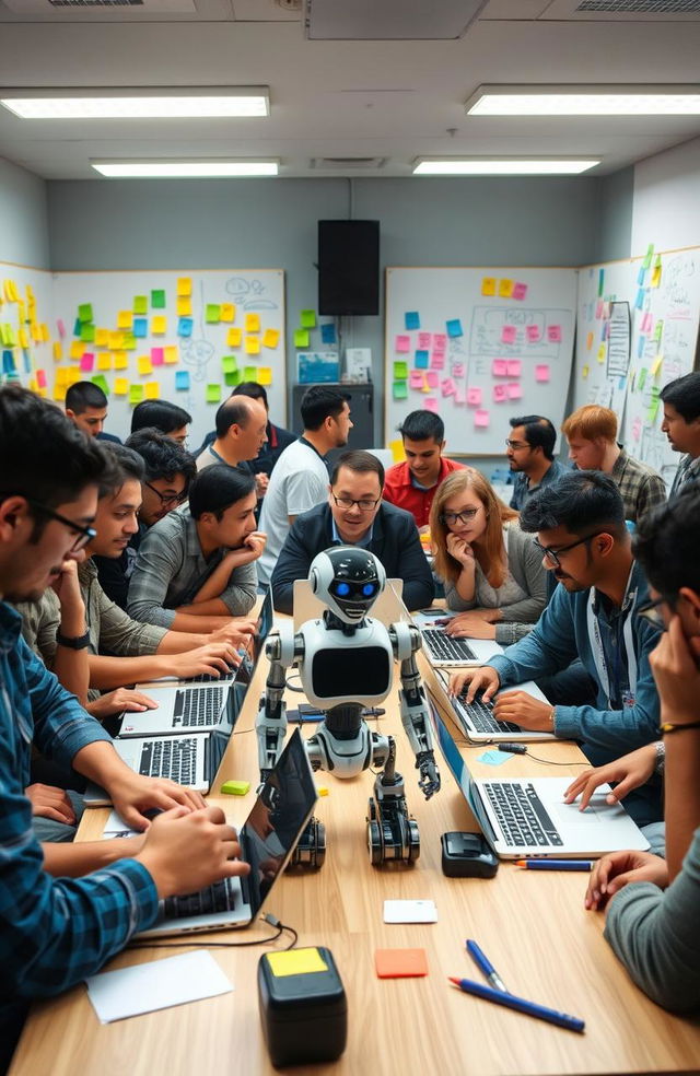 A lively and vibrant hackathon scene featuring a diverse group of tech enthusiasts and AI developers collaborating and coding intensely