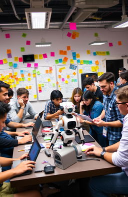 A lively and vibrant hackathon scene featuring a diverse group of tech enthusiasts and AI developers collaborating and coding intensely