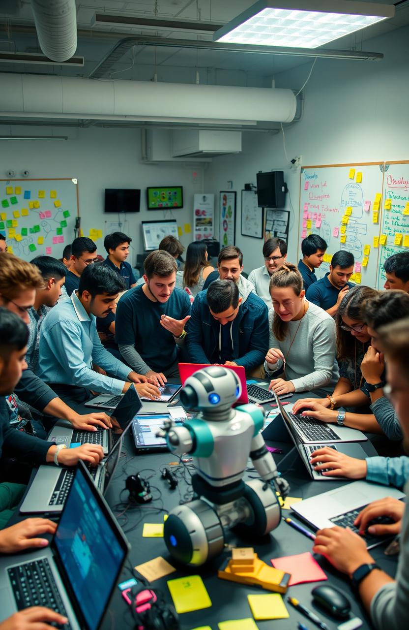 A lively and vibrant hackathon scene featuring a diverse group of tech enthusiasts and AI developers collaborating and coding intensely