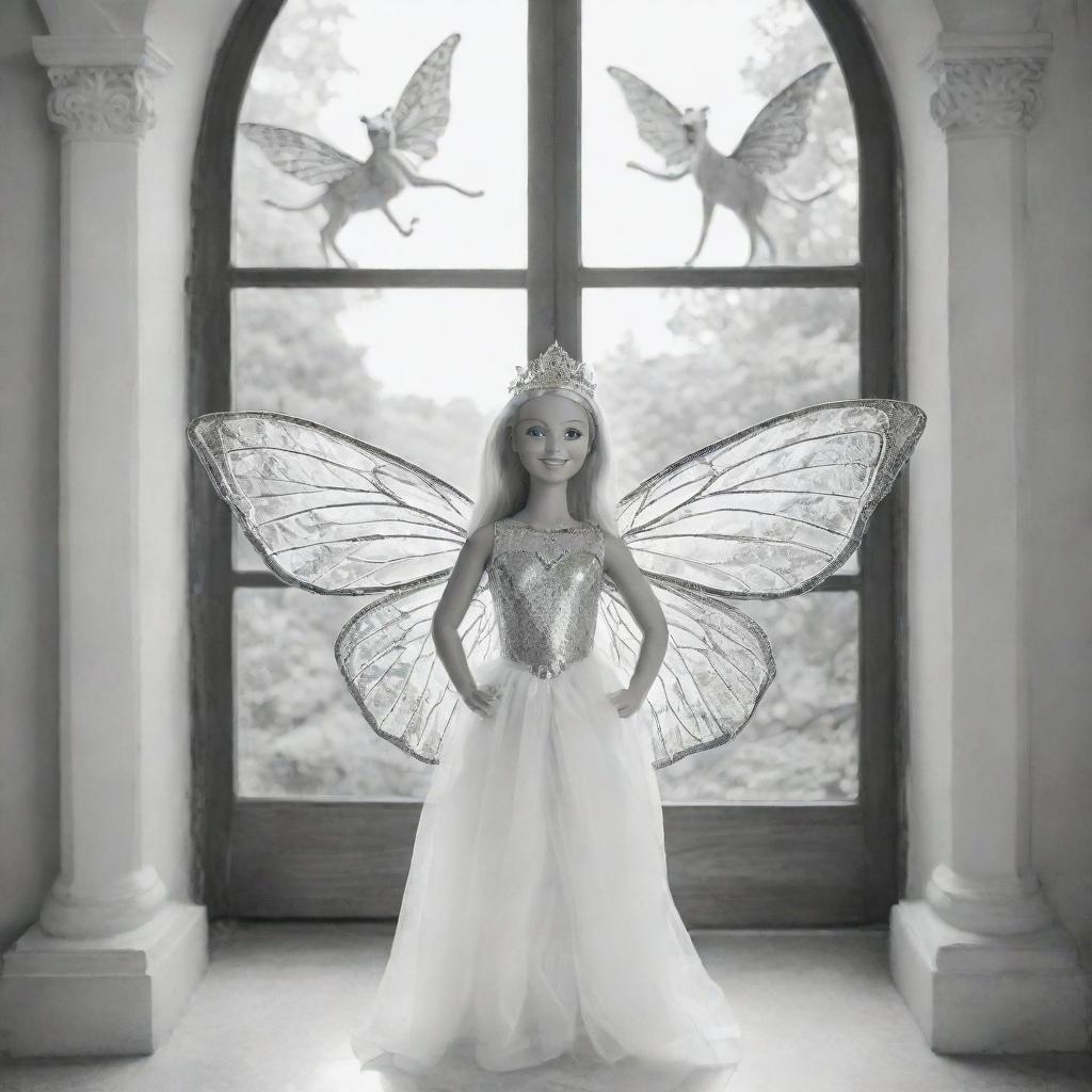 cartoon down syndrome fairy barbie wearing leaves and attached to her wings ,staring from the inside of this big Palace ,through a big window, outside the window she see big lions, giraffes and buffalo's , colouring page, black and white, two dimensional