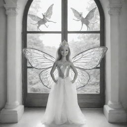 cartoon down syndrome fairy barbie wearing leaves and attached to her wings ,staring from the inside of this big Palace ,through a big window, outside the window she see big lions, giraffes and buffalo's , colouring page, black and white, two dimensional