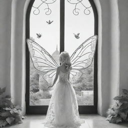 cartoon down syndrome fairy barbie wearing leaves and attached to her wings ,staring from the inside of this big Palace ,through a big window, outside the window she see big lions, giraffes and buffalo's , colouring page, black and white, two dimensional