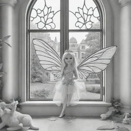 cartoon down syndrome fairy barbie wearing leaves and attached to her wings ,staring from the inside of this big Palace ,through a big window, outside the window she see big lions, giraffes and buffalo's , colouring page, black and white, two dimensional