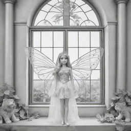 cartoon down syndrome fairy barbie wearing leaves and attached to her wings ,staring from the inside of this big Palace ,through a big window, outside the window she see big lions, giraffes and buffalo's , colouring page, black and white, two dimensional