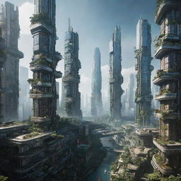 Visualize a majestic cyberpunk city, 300,000 years in the future. Once gleaming skyscrapers are beginning to collapse, being slowly reclaimed by nature, creating an evocative fusion of technology and organic growth.