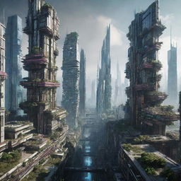 Visualize a majestic cyberpunk city, 300,000 years in the future. Once gleaming skyscrapers are beginning to collapse, being slowly reclaimed by nature, creating an evocative fusion of technology and organic growth.