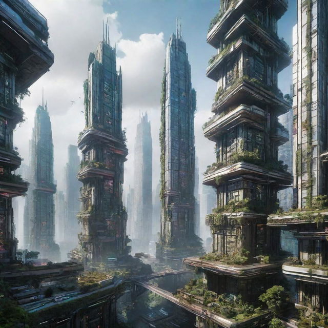 Visualize a majestic cyberpunk city, 300,000 years in the future. Once gleaming skyscrapers are beginning to collapse, being slowly reclaimed by nature, creating an evocative fusion of technology and organic growth.