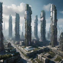 Visualize a majestic cyberpunk city, 300,000 years in the future. Once gleaming skyscrapers are beginning to collapse, being slowly reclaimed by nature, creating an evocative fusion of technology and organic growth.