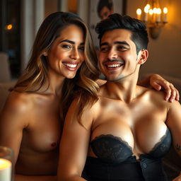 A scene featuring a stunningly beautiful woman with large, alluring breasts of mixed descent from the Netherlands, showcasing her fair and clear skin