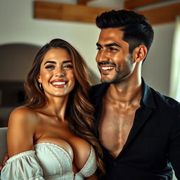 A scene featuring a stunningly beautiful woman with large, alluring breasts of mixed descent from the Netherlands, showcasing her fair and clear skin