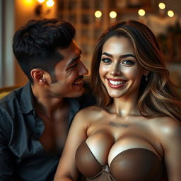 A scene featuring a stunningly beautiful woman with large, alluring breasts of mixed descent from the Netherlands, showcasing her fair and clear skin