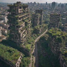 Picture an electropunk city, 300,000 years from now. The once vibrant metropolis, now in ruins and starting to collapse, is being gradually overtaken by flourishing greenery, creating a striking contrast between the power of nature and man-made decay.