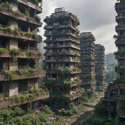 Picture an electropunk city, 300,000 years from now. The once vibrant metropolis, now in ruins and starting to collapse, is being gradually overtaken by flourishing greenery, creating a striking contrast between the power of nature and man-made decay.