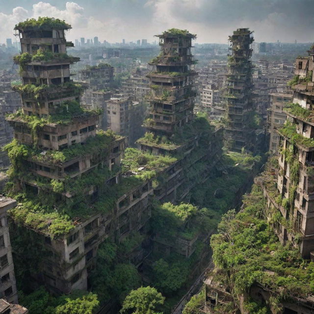 Picture an electropunk city, 300,000 years from now. The once vibrant metropolis, now in ruins and starting to collapse, is being gradually overtaken by flourishing greenery, creating a striking contrast between the power of nature and man-made decay.