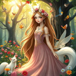 A beautiful and delicate fantasy character, resembling a princess, with long flowing hair adorned with flowers and jewels