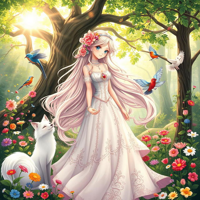 A beautiful and delicate fantasy character, resembling a princess, with long flowing hair adorned with flowers and jewels