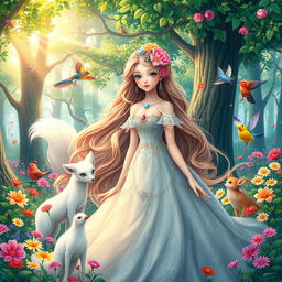 A beautiful and delicate fantasy character, resembling a princess, with long flowing hair adorned with flowers and jewels