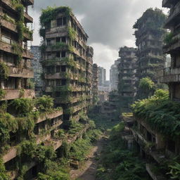 Picture an electropunk city, 300,000 years from now. The once vibrant metropolis, now in ruins and starting to collapse, is being gradually overtaken by flourishing greenery, creating a striking contrast between the power of nature and man-made decay.