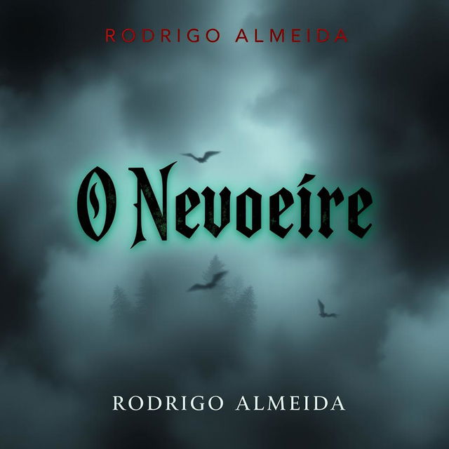 A chilling book cover for a horror novel titled 'O Nevoeiro' by Rodrigo Almeida