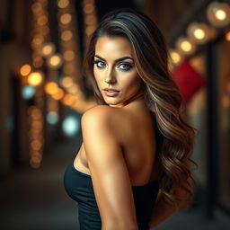 A stunning and alluring woman posing confidently, featuring long, wavy hair and captivating eyes