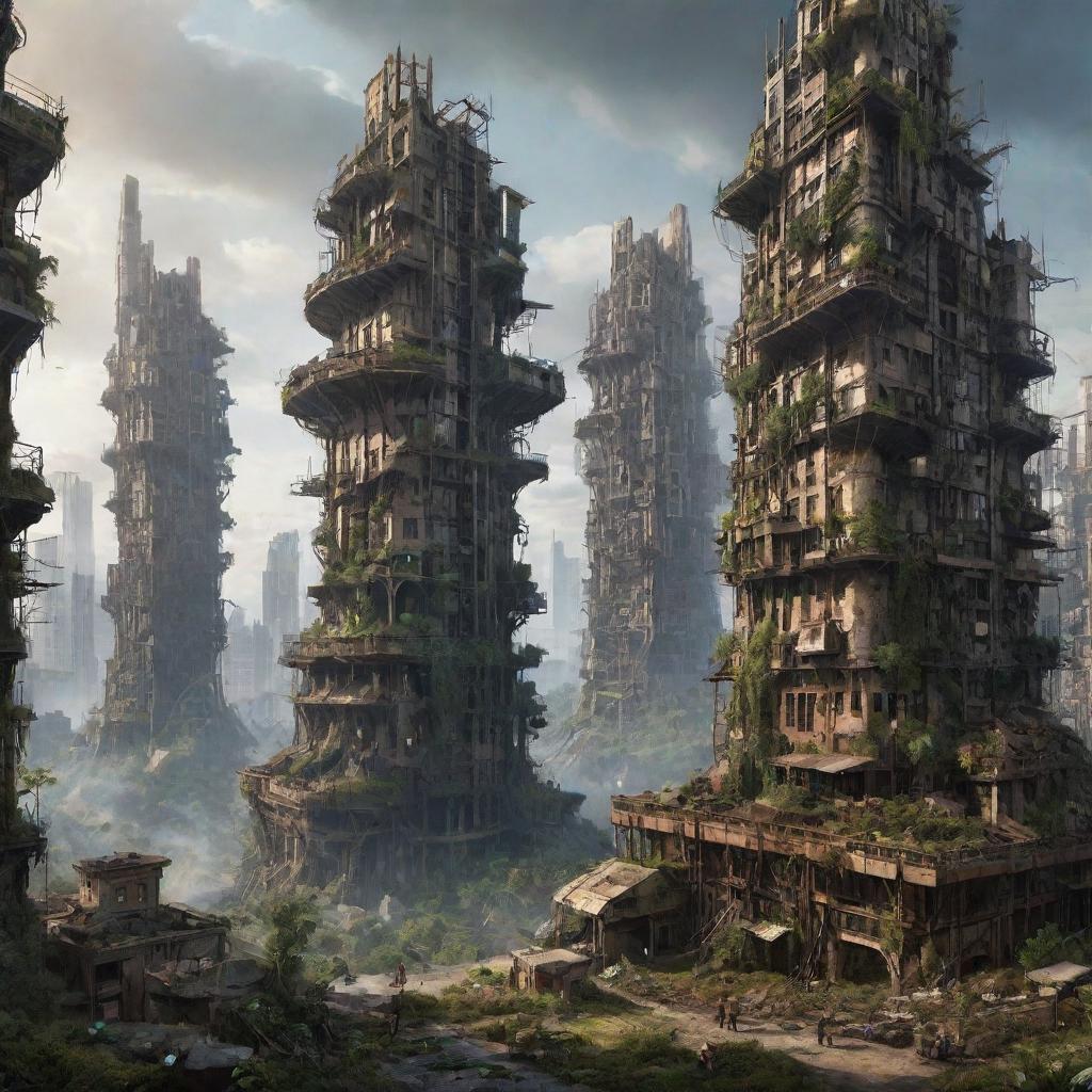 Imagine a grand teslapunk city, 300,000 years hence. The bold outlines of the collapsing buildings, once radiating ingenuity, are subtly invaded by emerging wilderness, picturing a serene coexistence between technological marvels of the past and rejuvenating nature.