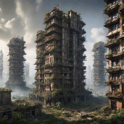 Imagine a grand teslapunk city, 300,000 years hence. The bold outlines of the collapsing buildings, once radiating ingenuity, are subtly invaded by emerging wilderness, picturing a serene coexistence between technological marvels of the past and rejuvenating nature.