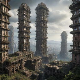 Imagine a grand teslapunk city, 300,000 years hence. The bold outlines of the collapsing buildings, once radiating ingenuity, are subtly invaded by emerging wilderness, picturing a serene coexistence between technological marvels of the past and rejuvenating nature.