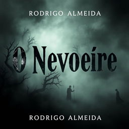 A chilling book cover for a horror novel titled 'O Nevoeiro' by Rodrigo Almeida