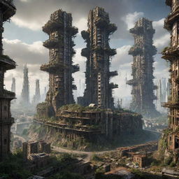 Imagine a grand teslapunk city, 300,000 years hence. The bold outlines of the collapsing buildings, once radiating ingenuity, are subtly invaded by emerging wilderness, picturing a serene coexistence between technological marvels of the past and rejuvenating nature.