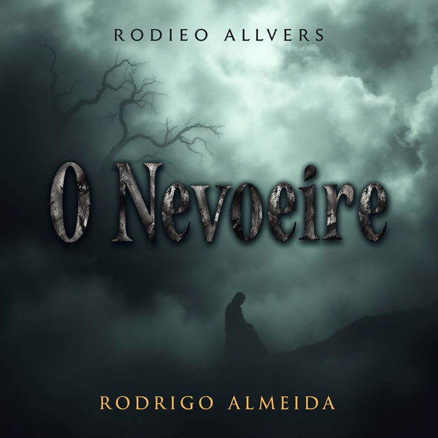 A chilling book cover for a horror novel titled 'O Nevoeiro' by Rodrigo Almeida