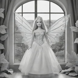 cartoon down syndrome fairy barbie wearing leaves for clothing and attached to her wings ,staring from the inside of this big paradise ,through a big window, outside the window she see big lions, giraffes and buffalo's ,she and man is getting married, colouring page, black and white, two dimensional