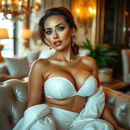 A beautiful woman with large breasts exuding an alluring charm, relaxed and carefree, embodying a mix of elegance and allure