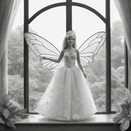 cartoon down syndrome fairy barbie wearing leaves for clothing and attached to her wings ,staring from the inside of this big paradise ,through a big window, outside the window she see big lions, giraffes and buffalo's ,she and man is getting married, colouring page, black and white, two dimensional