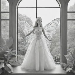 cartoon down syndrome fairy barbie wearing leaves for clothing and attached to her wings ,staring from the inside of this big paradise ,through a big window, outside the window she see big lions, giraffes and buffalo's ,she and man is getting married, colouring page, black and white, two dimensional