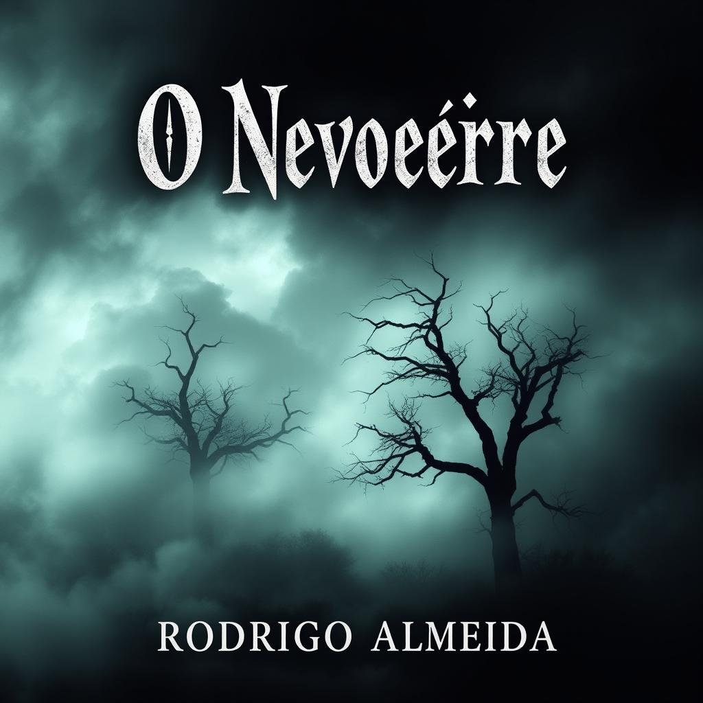 A haunting book cover for a horror novel titled 'O Nevoeiro' by Rodrigo Almeida