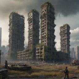 Visualize a once majestic nuclearpunk city, 300,000 years in the future. Its once grand buildings begin to collapse into ruins, overtaken by rampant nature, creating a poignant display of the enduring resilience of life amidst manmade decay.