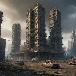 Visualize a once majestic nuclearpunk city, 300,000 years in the future. Its once grand buildings begin to collapse into ruins, overtaken by rampant nature, creating a poignant display of the enduring resilience of life amidst manmade decay.