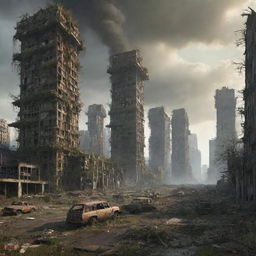 Visualize a once majestic nuclearpunk city, 300,000 years in the future. Its once grand buildings begin to collapse into ruins, overtaken by rampant nature, creating a poignant display of the enduring resilience of life amidst manmade decay.