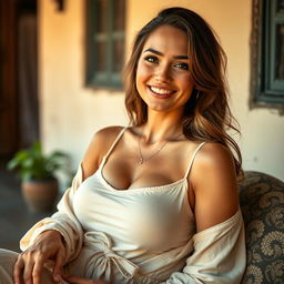 A beautiful woman with large breasts radiating charm and allure, embodying a relaxed and casual demeanor