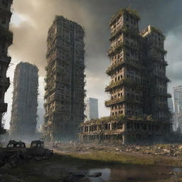 Visualize a once majestic nuclearpunk city, 300,000 years in the future. Its once grand buildings begin to collapse into ruins, overtaken by rampant nature, creating a poignant display of the enduring resilience of life amidst manmade decay.