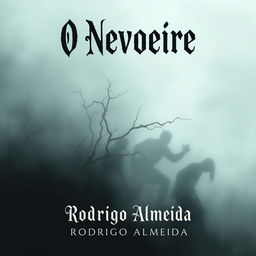 A spooky book cover for a horror novel titled 'O Nevoeiro' by Rodrigo Almeida