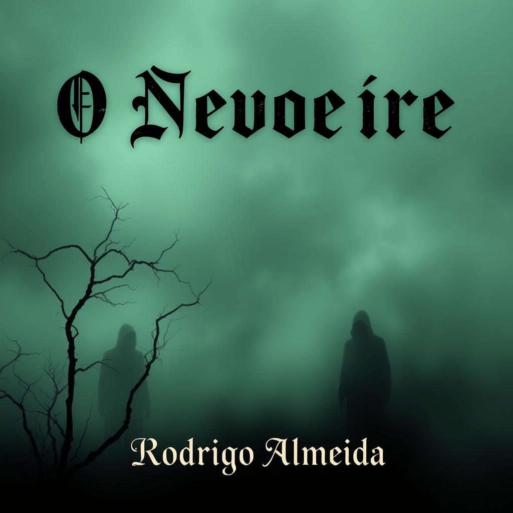 A spooky book cover for a horror novel titled 'O Nevoeiro' by Rodrigo Almeida