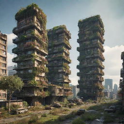 Imagine a majestic atompunk city, 300,000 years hence. Buildings that once sparkled with atomic-age optimism are starting to collapse, yet the vibrant flora springs forth, creating a compelling blend of futuristic decay and natural resurgence.