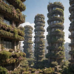 Imagine a majestic atompunk city, 300,000 years hence. Buildings that once sparkled with atomic-age optimism are starting to collapse, yet the vibrant flora springs forth, creating a compelling blend of futuristic decay and natural resurgence.