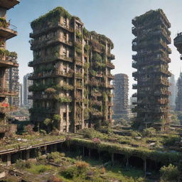 Imagine a majestic atompunk city, 300,000 years hence. Buildings that once sparkled with atomic-age optimism are starting to collapse, yet the vibrant flora springs forth, creating a compelling blend of futuristic decay and natural resurgence.