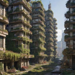 Imagine a majestic atompunk city, 300,000 years hence. Buildings that once sparkled with atomic-age optimism are starting to collapse, yet the vibrant flora springs forth, creating a compelling blend of futuristic decay and natural resurgence.