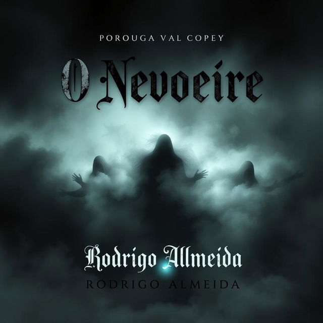 A sinister book cover for a paranormal horror novel titled 'O Nevoeiro' by Rodrigo Almeida